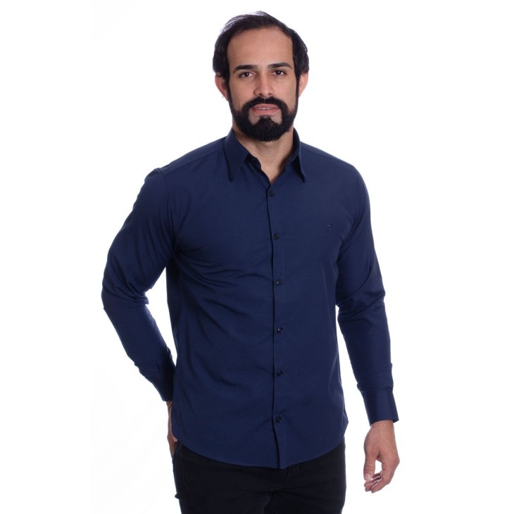 Camisa social azul marinho masculina de tricoline manga longa