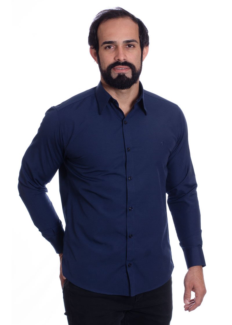 Camisa social azul marinho masculina de tricoline manga longa