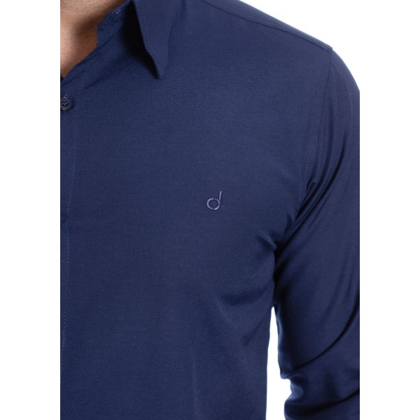 Camisa social azul marinho masculina de tricoline manga longa