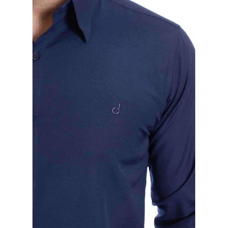 Camisa social azul marinho masculina de tricoline manga longa