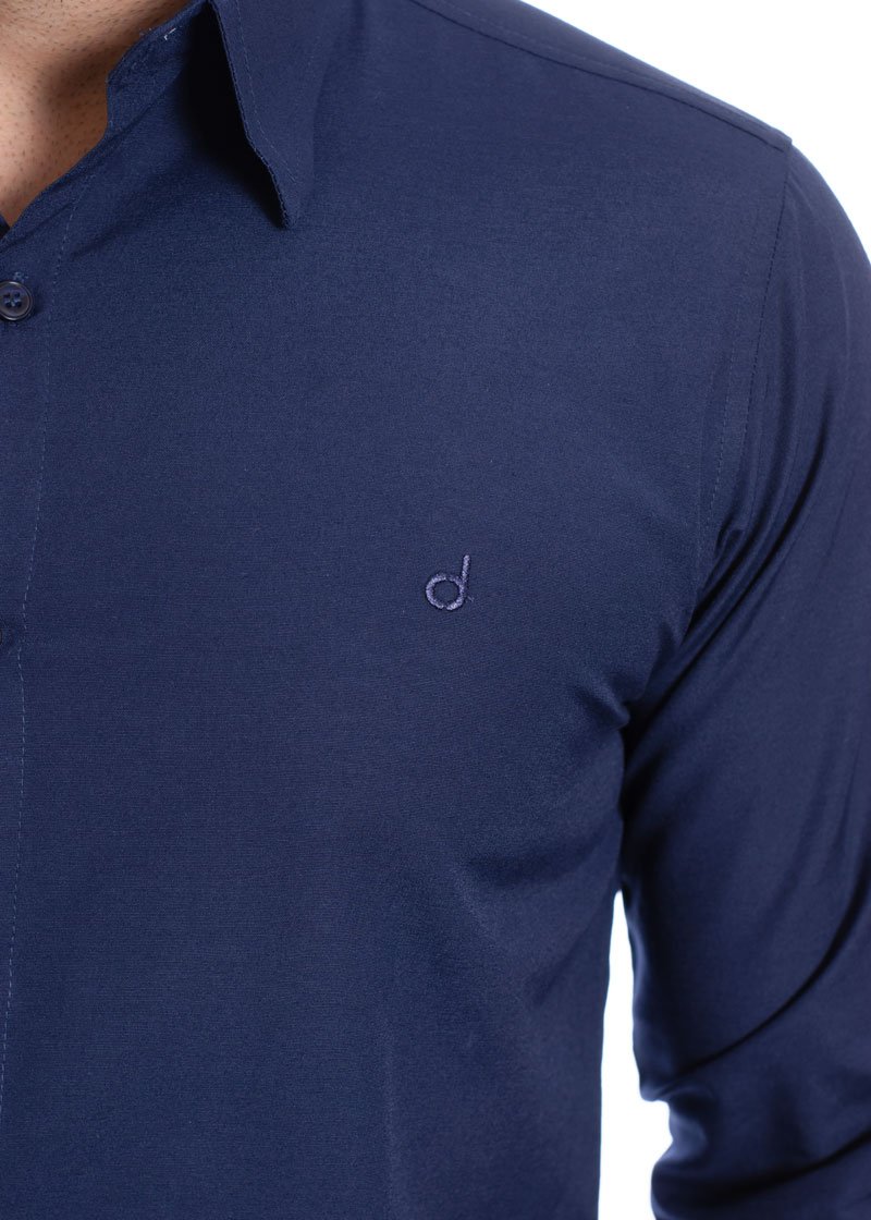 Camisa social azul marinho masculina de tricoline manga longa
