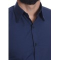 Camisa social azul marinho masculina de tricoline manga longa