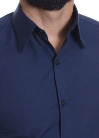 Camisa social azul marinho masculina de tricoline manga longa