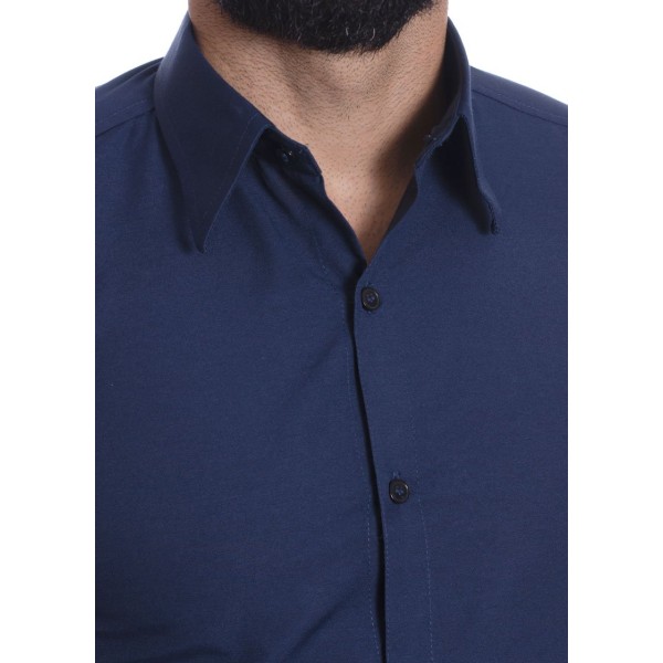 Camisa social azul marinho masculina de tricoline manga longa