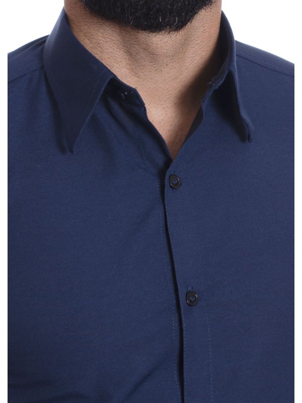 Camisa social azul marinho masculina de tricoline manga longa