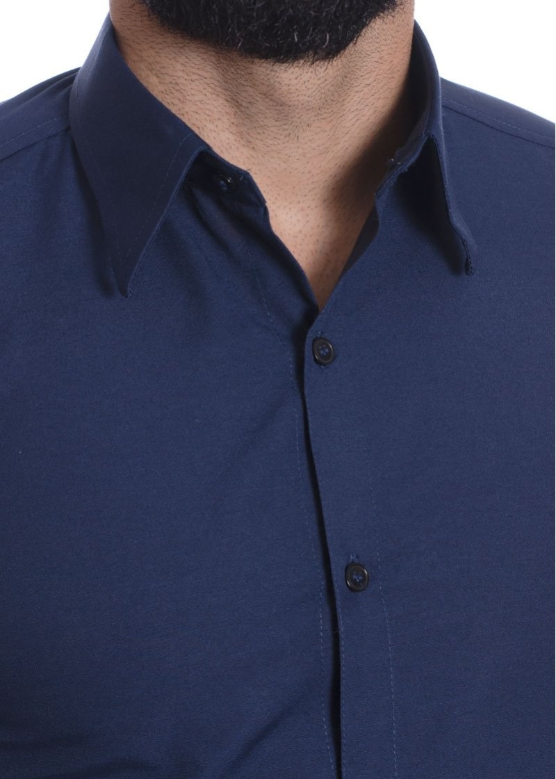 Camisa social azul marinho masculina de tricoline manga longa