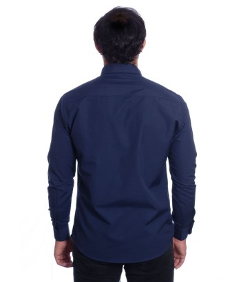 Camisa social azul marinho masculina de tricoline manga longa
