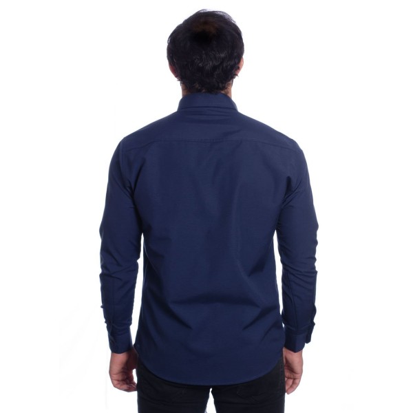 Camisa social azul marinho masculina de tricoline manga longa