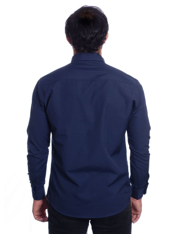 Camisa social azul marinho masculina de tricoline manga longa