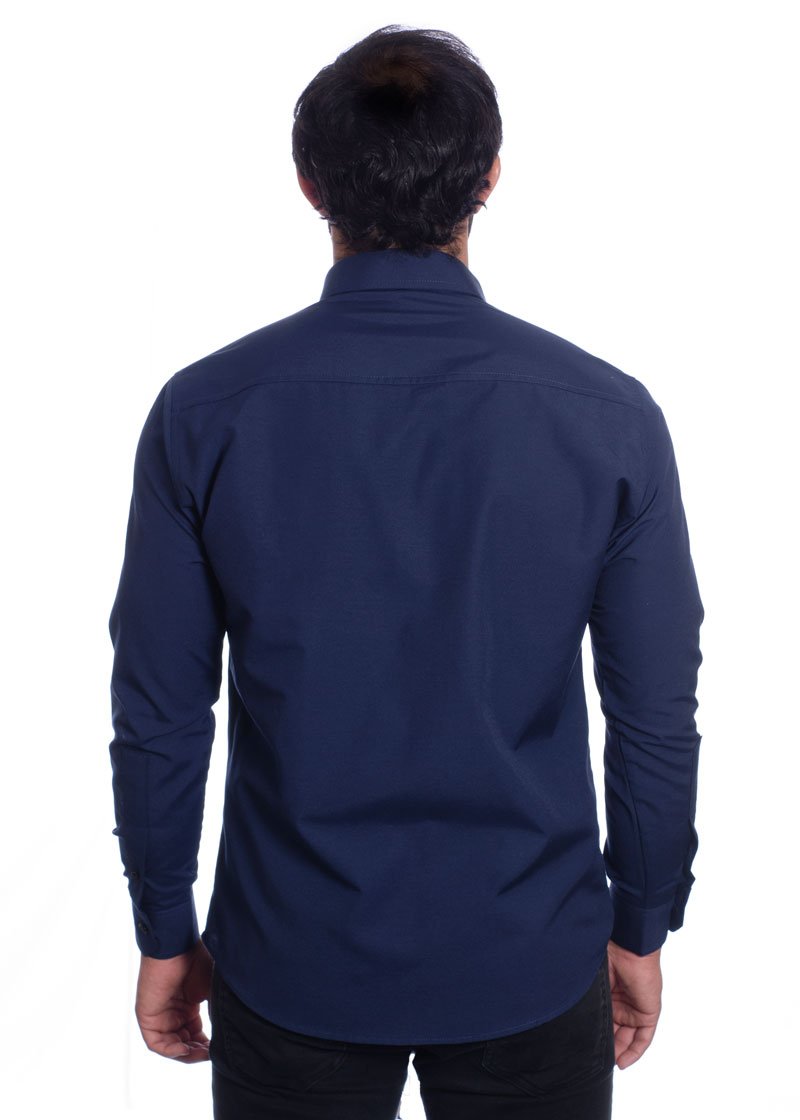 Camisa social azul marinho masculina de tricoline manga longa