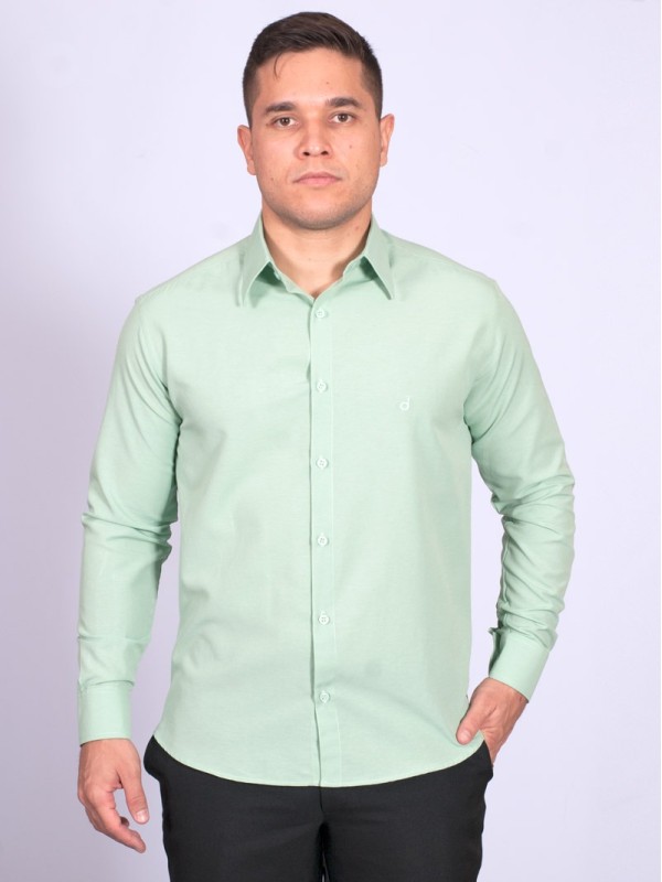 Camisa social verde claro masculina de tricoline manga longa