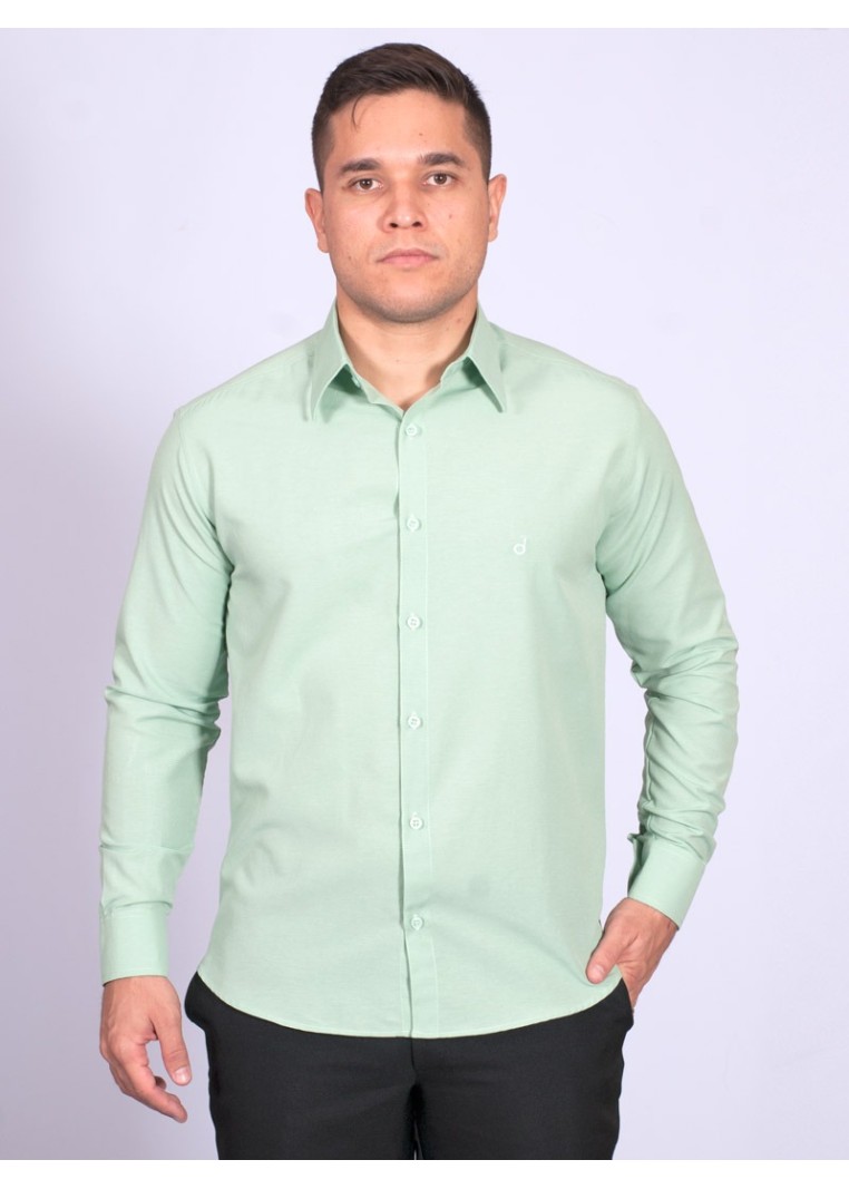 Camisa social verde claro masculina de tricoline manga longa