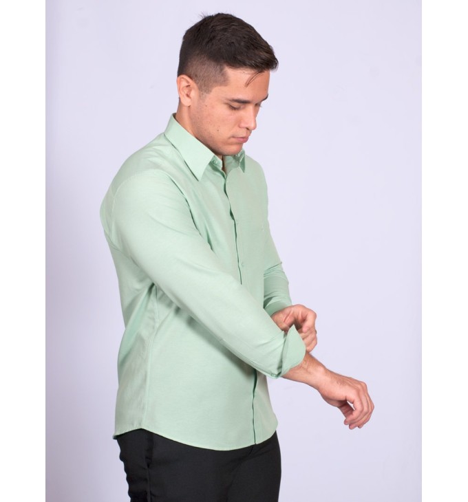 Camisa social verde claro masculina de tricoline manga longa