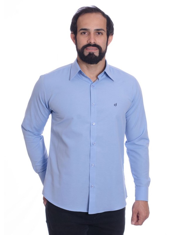 Camisa social azul claro masculina de tricoline manga longa