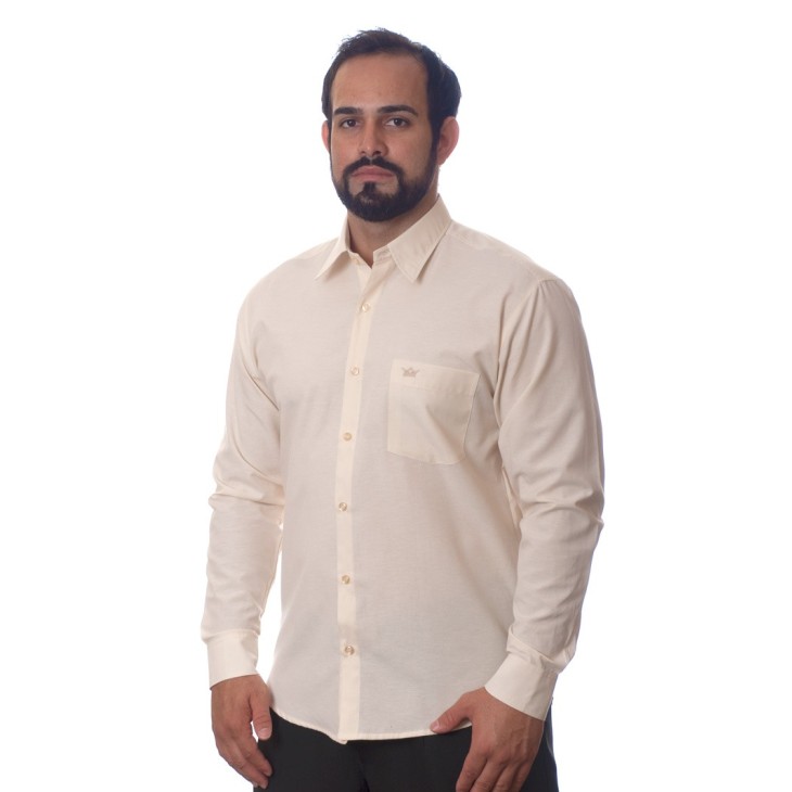 Camisa social palha masculina de tricoline manga longa