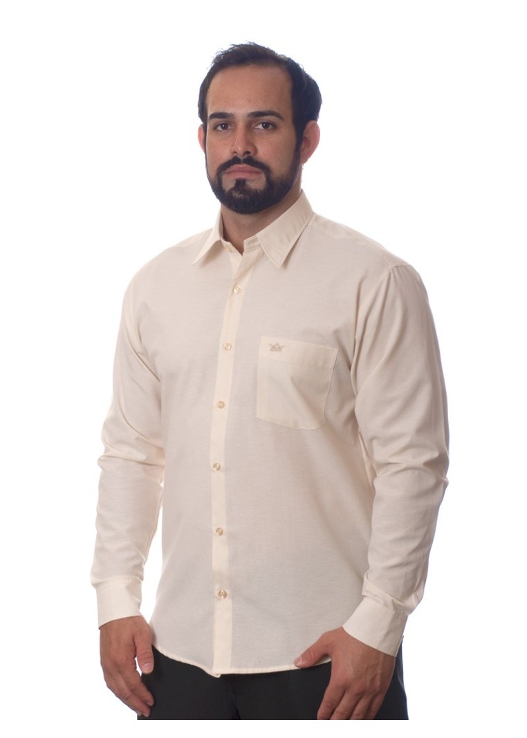 Camisa social palha masculina de tricoline manga longa