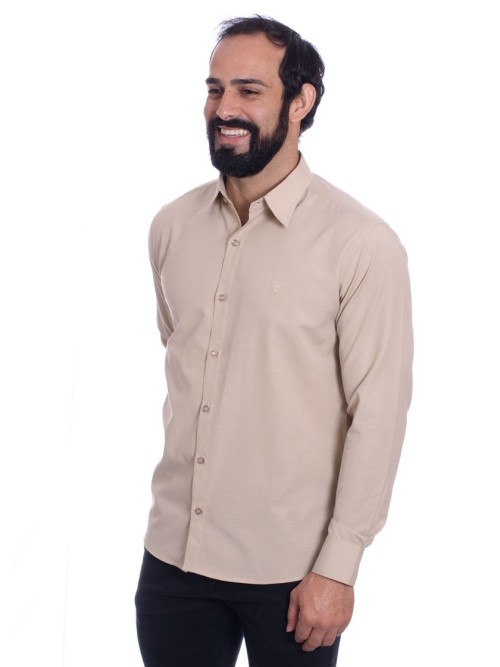 Camisa social cáqui masculina de tricoline manga longa Camisa social cáqui masculina de tricoline manga longa