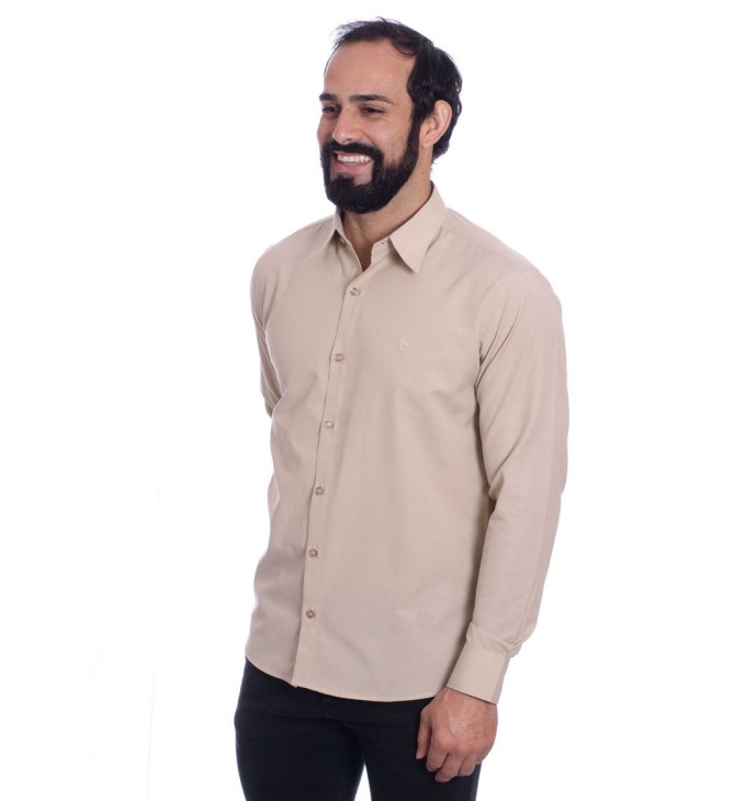 Camisa social cáqui masculina de tricoline manga longa
