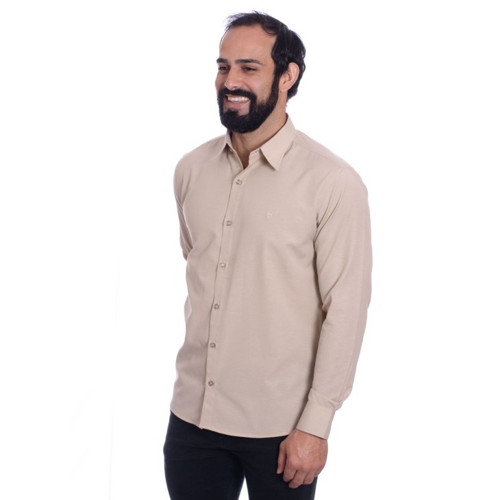 Camisa social cáqui masculina de tricoline manga longa