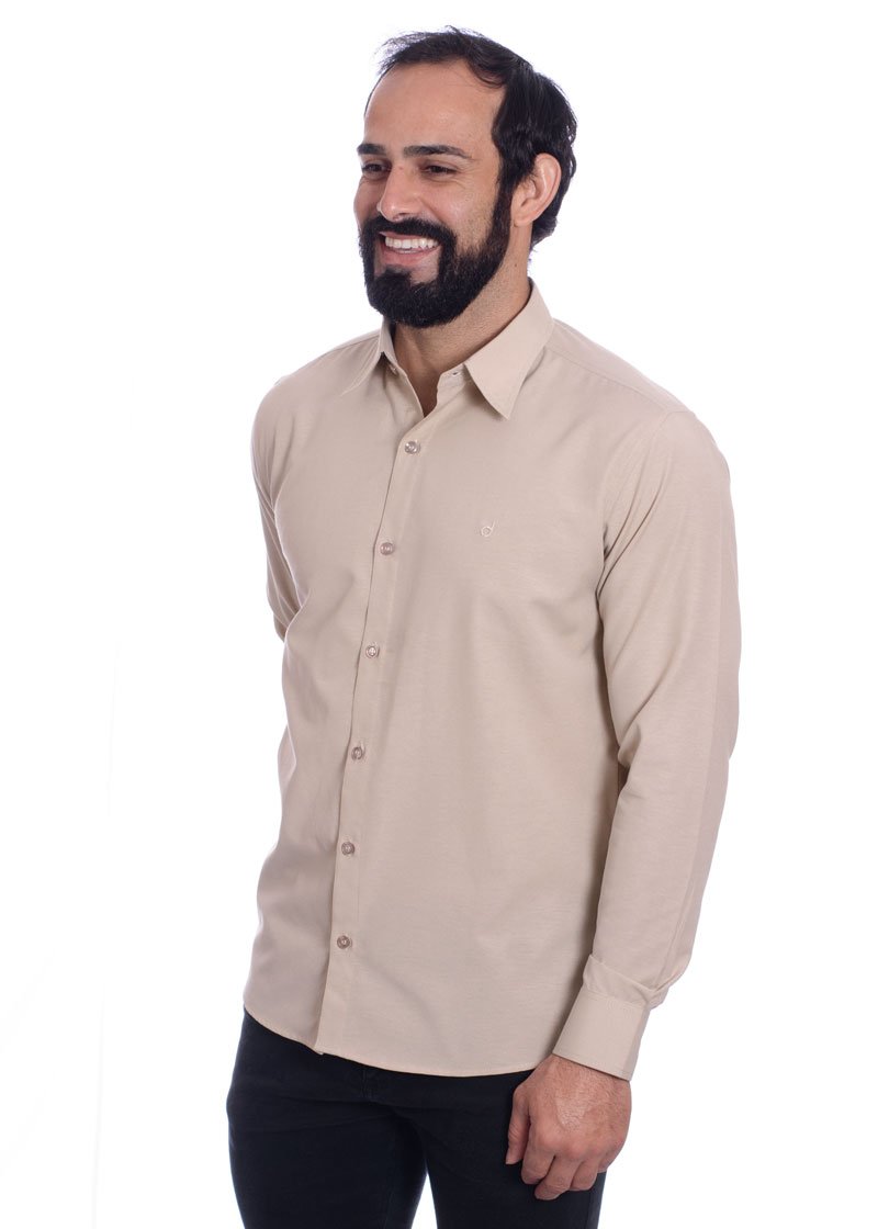 Camisa social cáqui masculina de tricoline manga longa