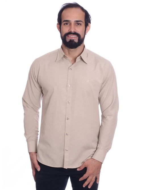 Camisa social cáqui masculina de tricoline manga longa