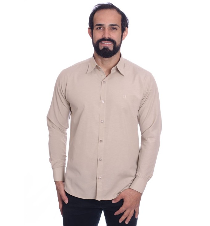Camisa social cáqui masculina de tricoline manga longa