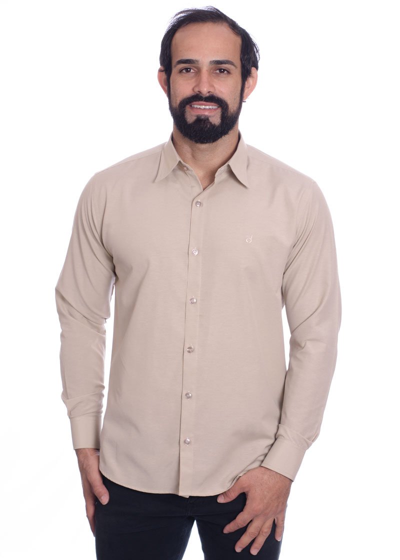 Camisa social cáqui masculina de tricoline manga longa