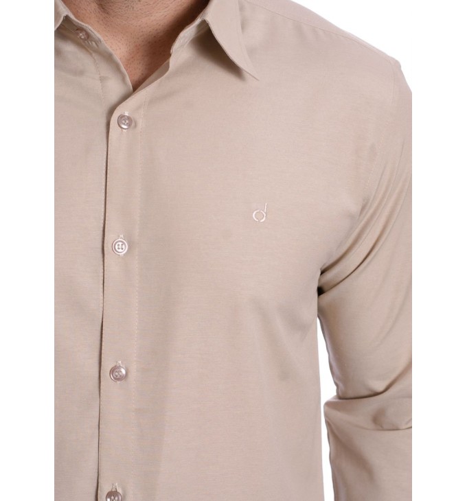 Camisa social cáqui masculina de tricoline manga longa