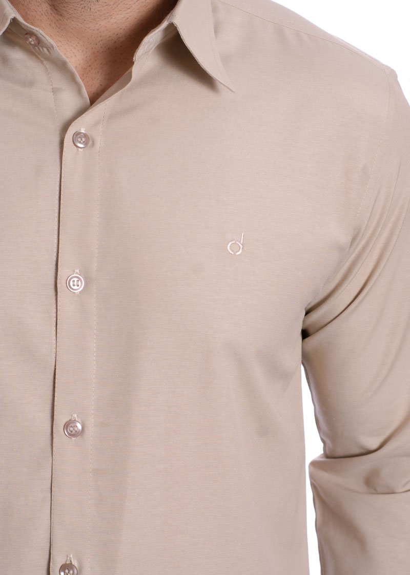 Camisa social cáqui masculina de tricoline manga longa