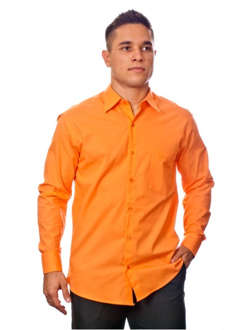 Camisa social laranja masculina de tricoline manga longa