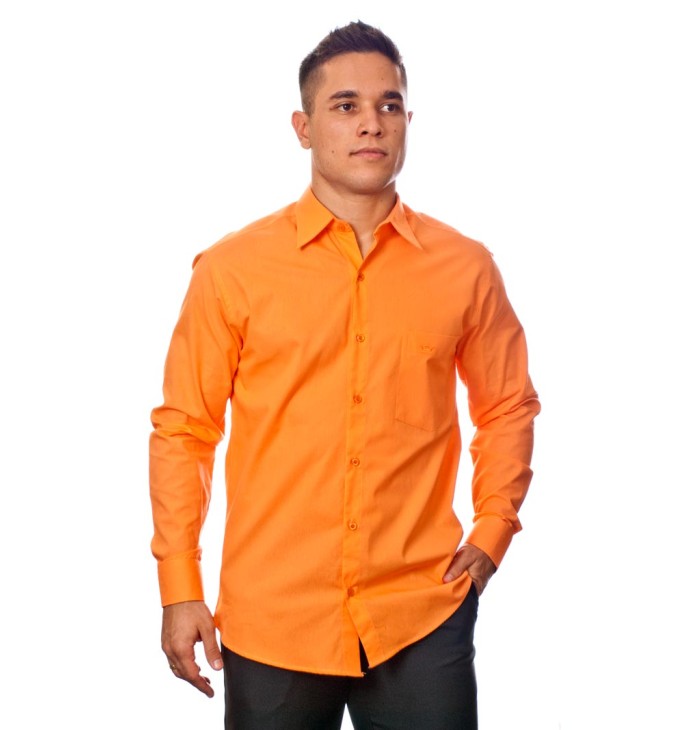 Camisa social laranja masculina de tricoline manga longa Camisa social laranja masculina de tricoline manga longa