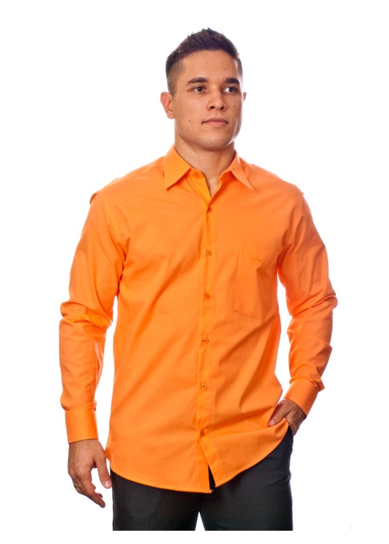 Camisa social laranja masculina de tricoline manga longa