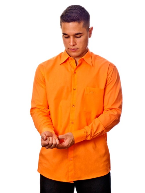 Camisa social laranja masculina de tricoline manga longa