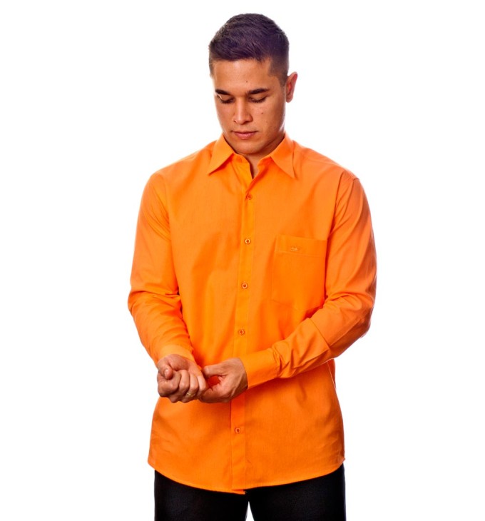 Camisa social laranja masculina de tricoline manga longa Camisa social laranja masculina de tricoline manga longa