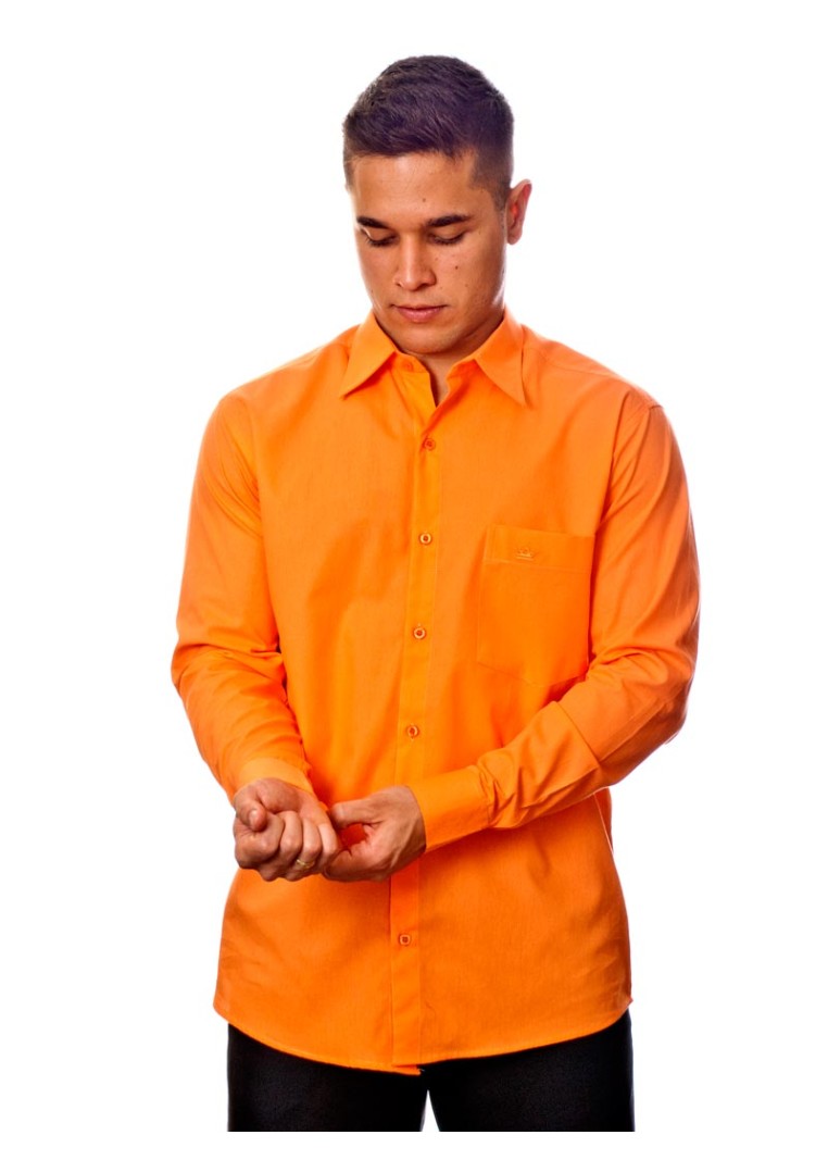 Camisa social laranja masculina de tricoline manga longa