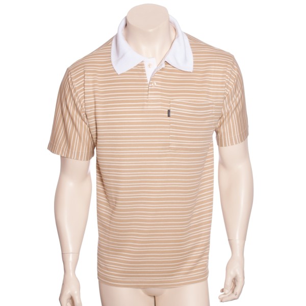 Camisa polo listrada bege com gola branca