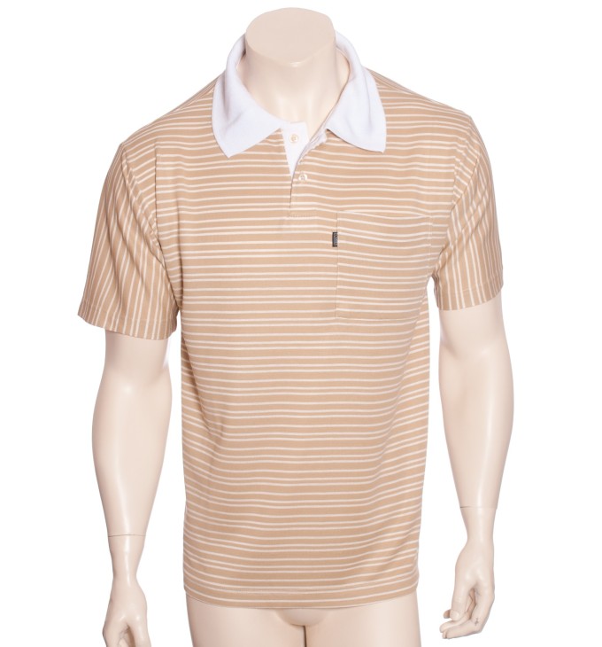 Camisa polo listrada bege com gola branca