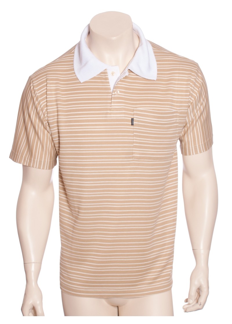Camisa polo listrada bege com gola branca