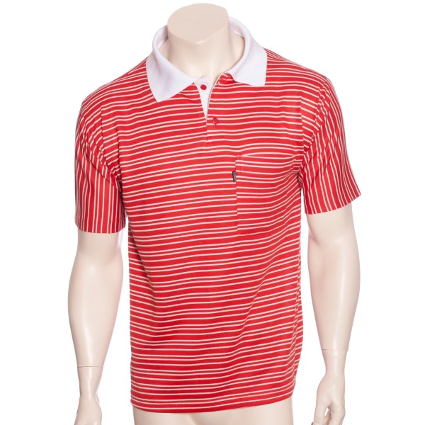 Camisa polo listrada vermelha com gola branca