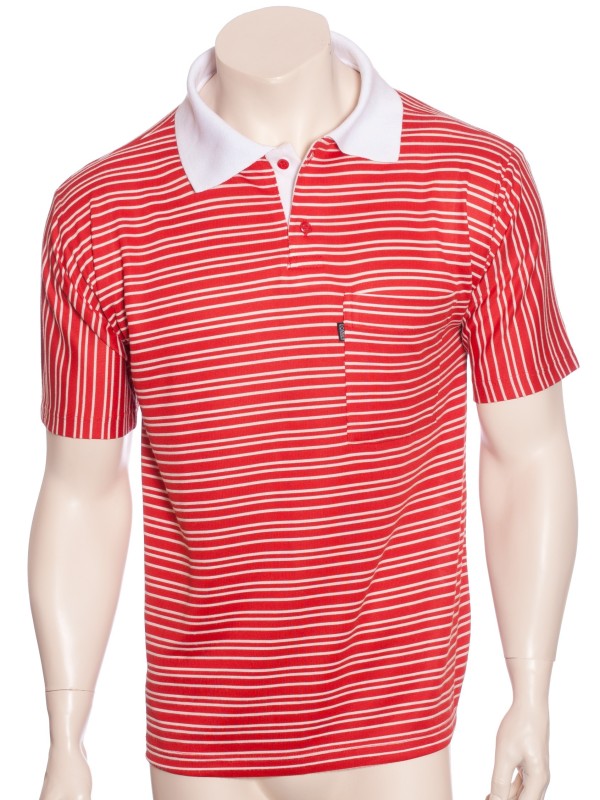 Camisa polo listrada vermelha com gola branca