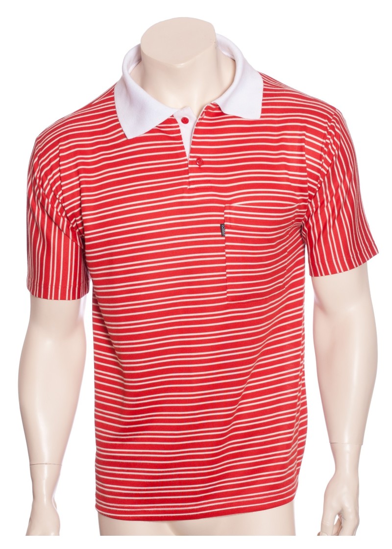 Camisa polo listrada vermelha com gola branca